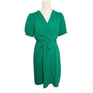 Monteau Wrap Dress Juniors L Kelly Green Belted Puff Sleeve Knee Length
